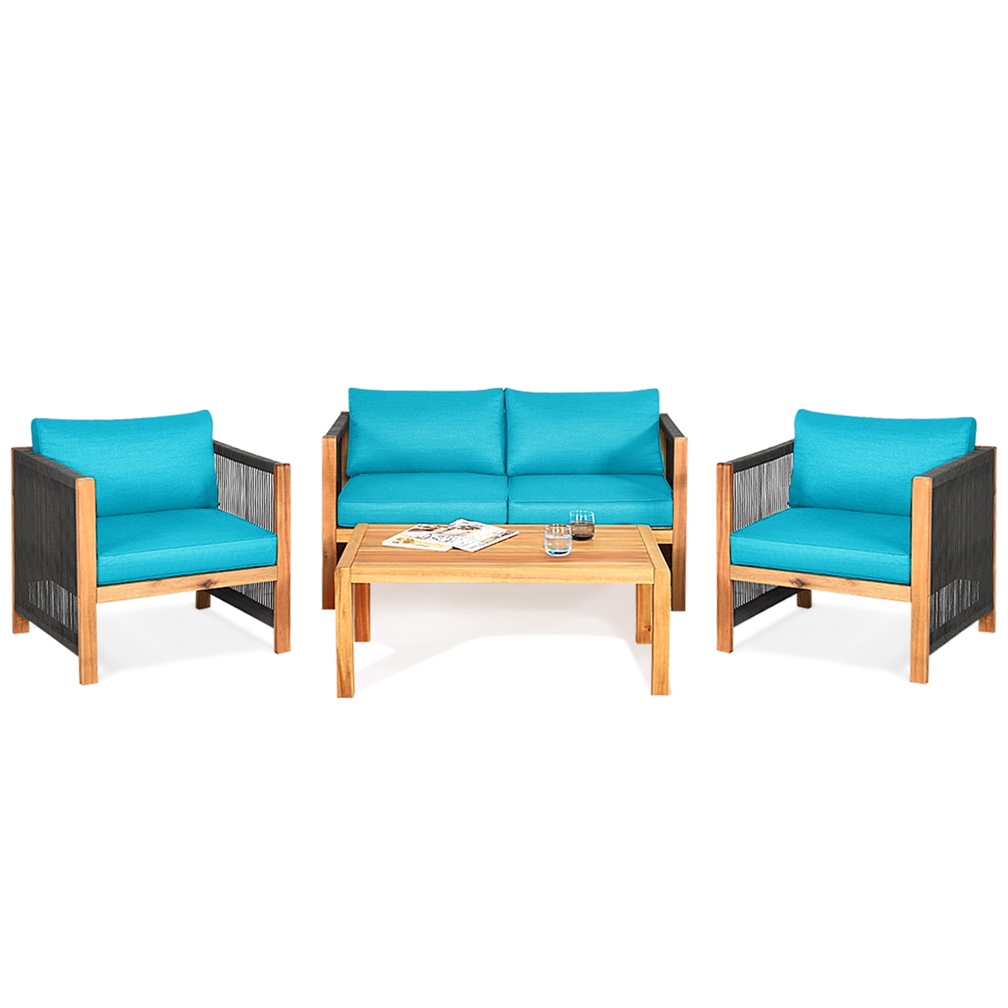 Gymax 8PCS Acacia Wood Outdoor Patio Furniture Conversation Set W/ Turquoise Cushions