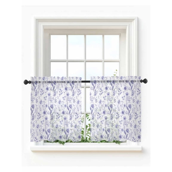 Elegant Purple Flowers Tier Curtains 24 Inch Length,Sheer Curtains for Bedroom Living Room Window Spring Floral Botanical Summer Voile Drapes Kitchen Curtains Small Half Window 27.5"x24" 2 Panels