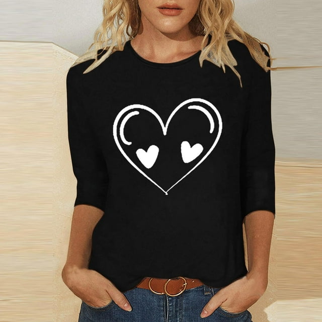 Ailaofu T-Shirts de la Saint-Valentin à Manches 3/4 Col Rond pour Femmes avec Imprimé Cœur Graphique