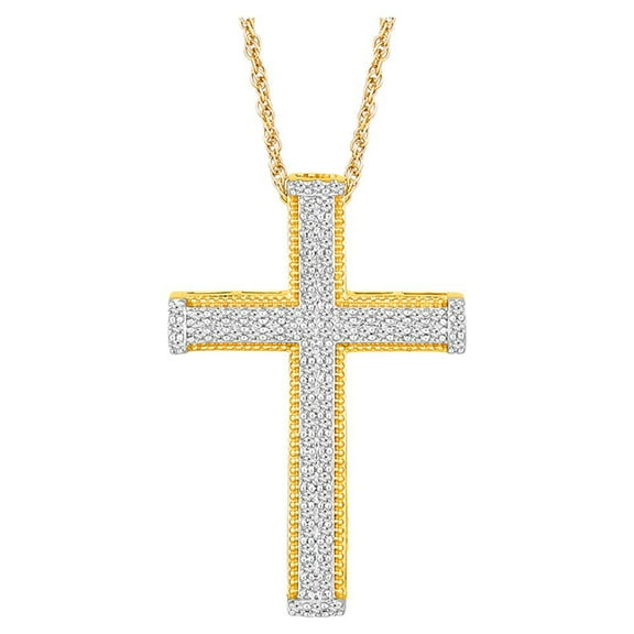 Gold Plated Sterling Silver Round Diamond Cross Pendant (3/8 cttw, I-J Color, I2-I3 Clarity), 18"