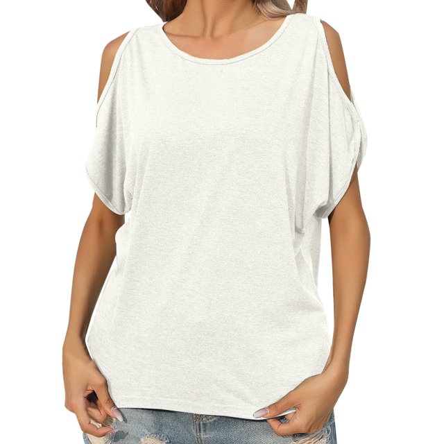 Gibobby Camisetas Mujer Manga Corta Camiseta manga corta con cuello redondo y hombros descubiertos color sólido a la moda para mujer(Blanco,G)