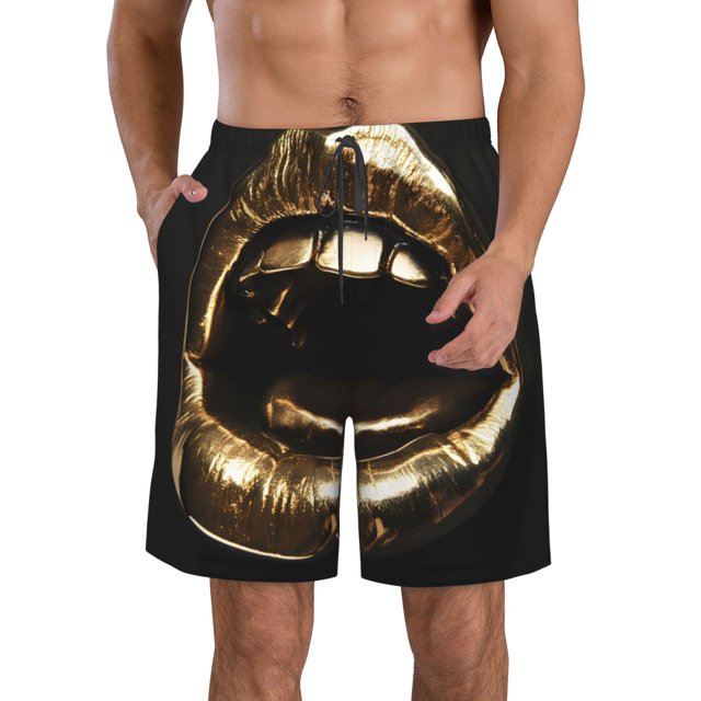 Fotbe Golden Lips Modern Sculpture Trajes de Baño Estampados para Hombre, Shorts de Verano de Secado Rápido, Ropa de Playa, Bañadores-Medium