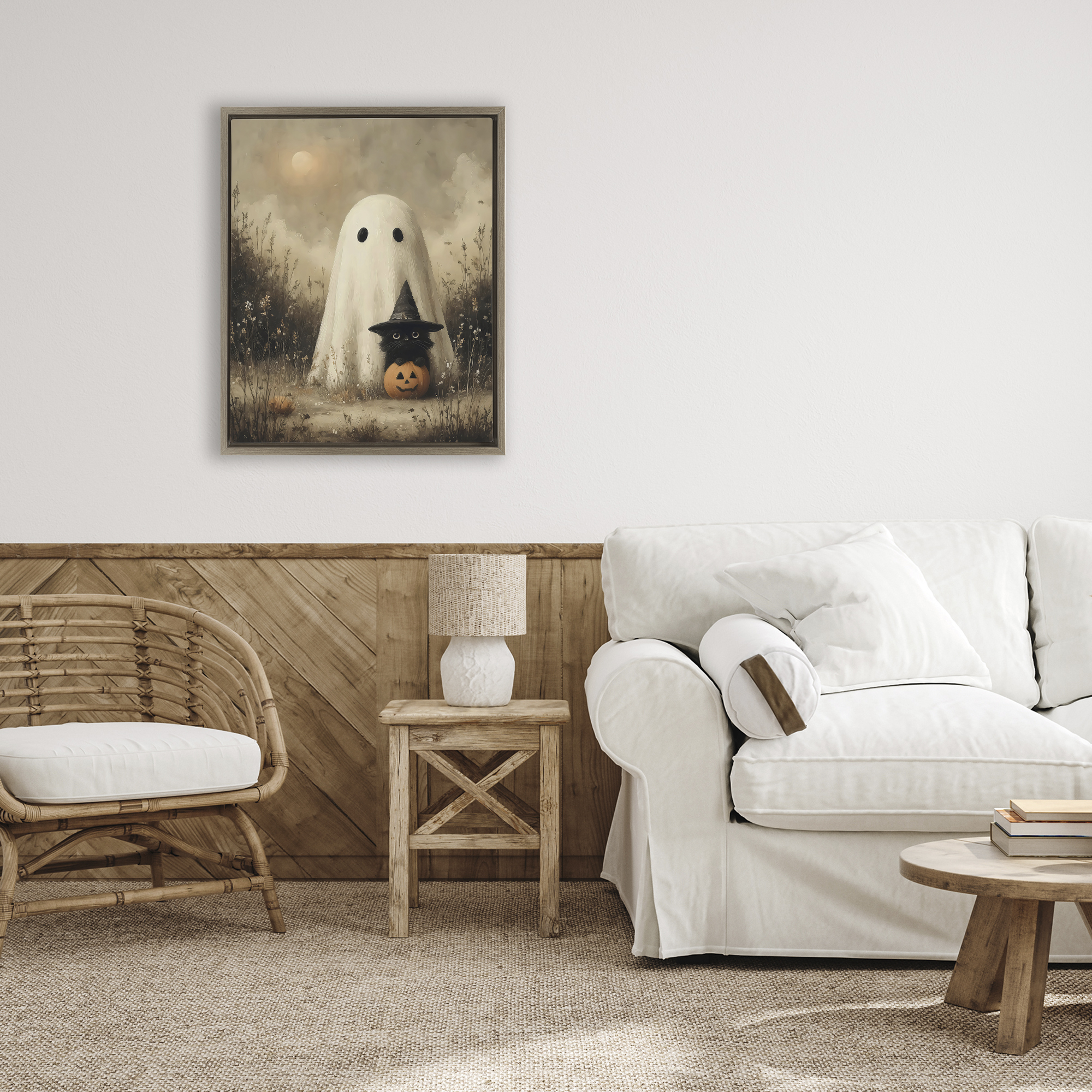 Ghost with Black Kitten Brown Framed Floater Canvas Wall Art, design by Arlington Prints