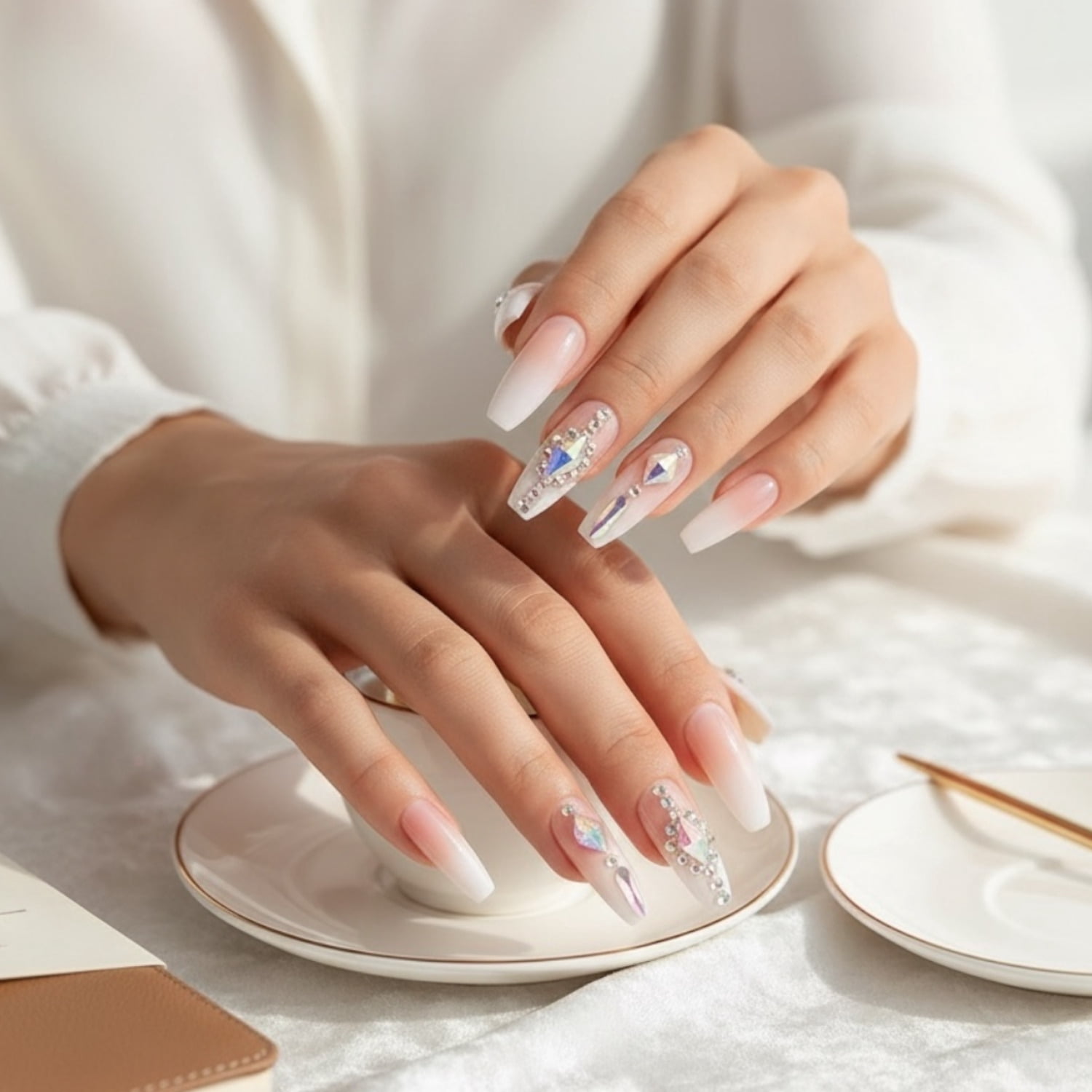 Glitz Gleam, Nude Ombre French 3D Crystal Press On Nails, Extra Long Ballerina Fake Nails Set