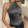 thumbnail image 4 of Arlun Women's Sequins Turtleneck Halter Tank Tops Summer Backless Embellished Sparkle Vest Lightweight Sleeveless Shiny T-Shirt for Carnival Party Black S, 4 of 6