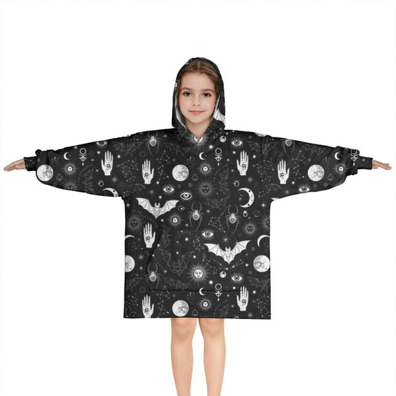 Black White Gothic Hand Bat Eye Pattern Blanket Hoodies for Kids 6-13YR Oversize Wearable Blanket Hoodies for Boys Girls Teens