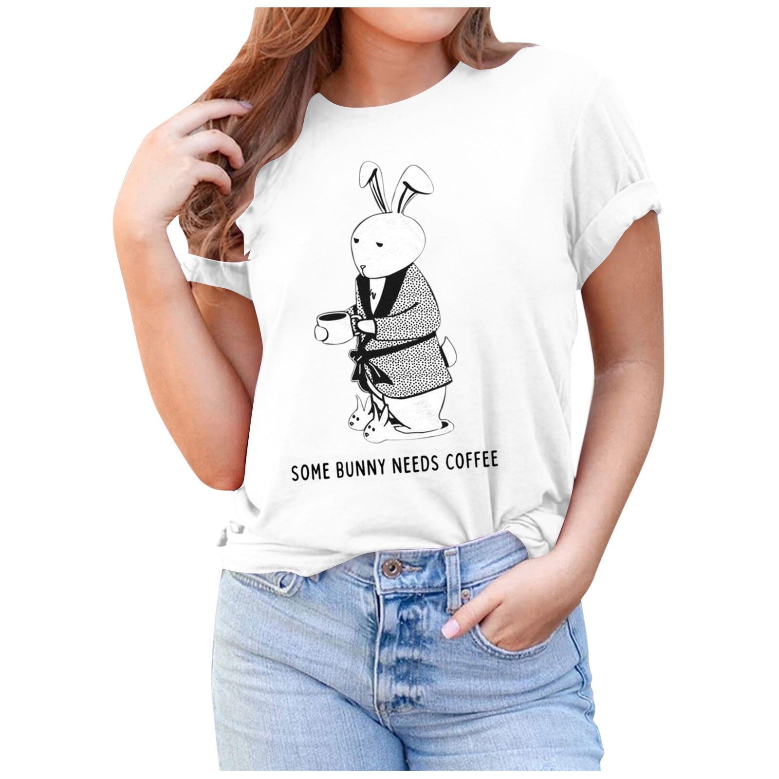 Women's Easter Shirts Bunny Eggs Easter Print Top Short Sleeve Cute T