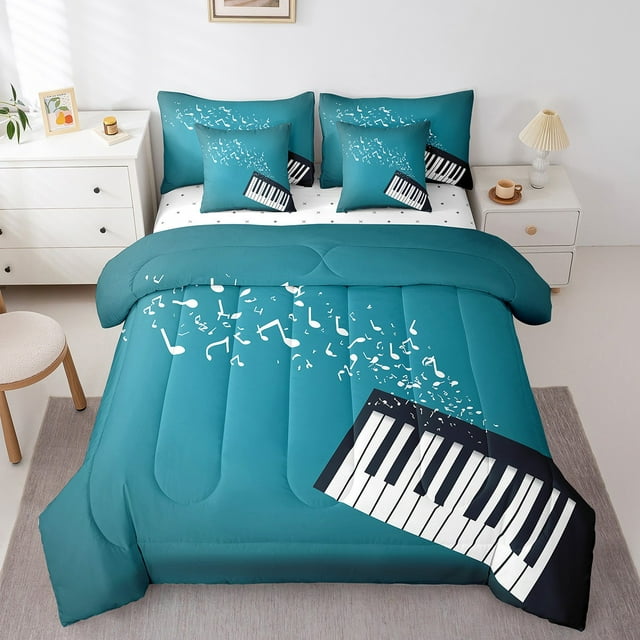 Ensemble Douillette Touches de Piano 7 Pcs Lit Tout-en-un Simple, Ensembles de Literie Notes Musicales Noir et Blanc Ensemble de Draps Instruments de Musique avec Douillette, Ensemble de Lit Musique Pop Tendance