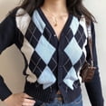 thumbnail image 4 of Women Long Sleeve Button Down Knit Cardigan Vintage Argyle Plaid Sweater Coat, 4 of 14