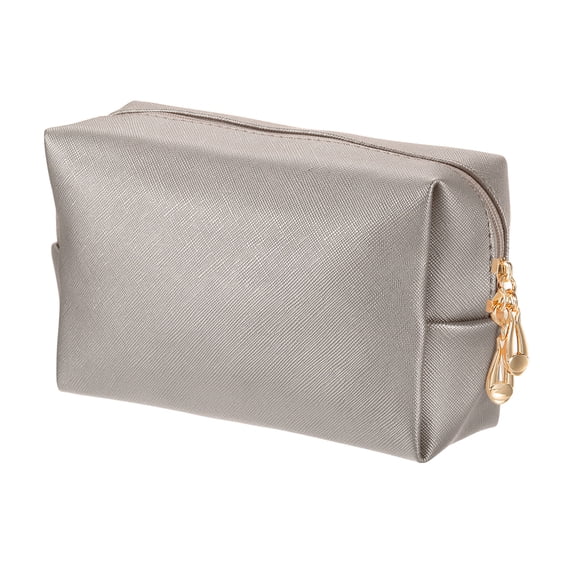 PU Leather Square Makeup Bag, Waterproof Cosmetic Organizer Bag Zipper Pouch Travel Toiletry Bag for Women for Makeup Brush Holder (Gray Gold, Small)