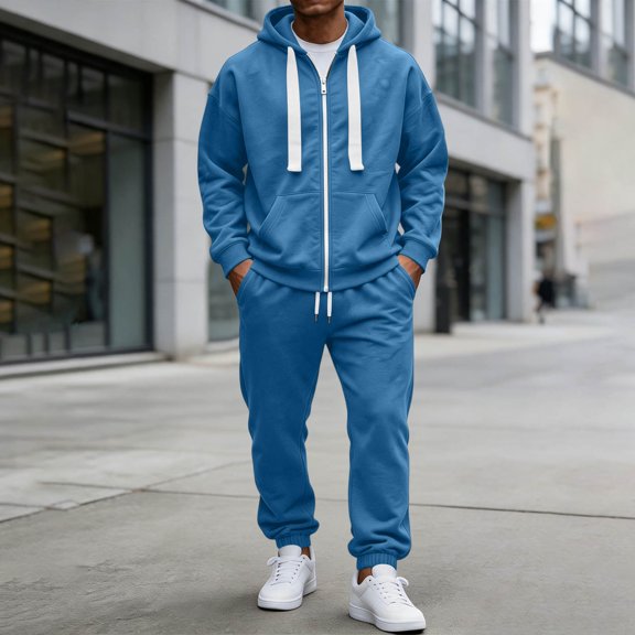 Mens Tracksuit Set Hoodie Top Jogging Bottoms Casual Full Zip Joggers Sports Sweatsuit with Pockets Blue XL