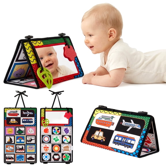 Baby Tummy Time Toys, Tummy Time Floor Mirror for Newborn, Black and White High Contrast Baby Toy with Crinkle Cloth Book, Sensory Toy for Infant 0-12 Months, Baby Shower Gifts for Boys Girl