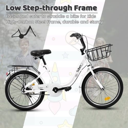 Tyethy 20" Princess Kids Girls Bike for 5-10 Years Old Child, Single Speed Steel Frame Bicycle with V-Brake, Fits Riders 4'1" - 4'8", White