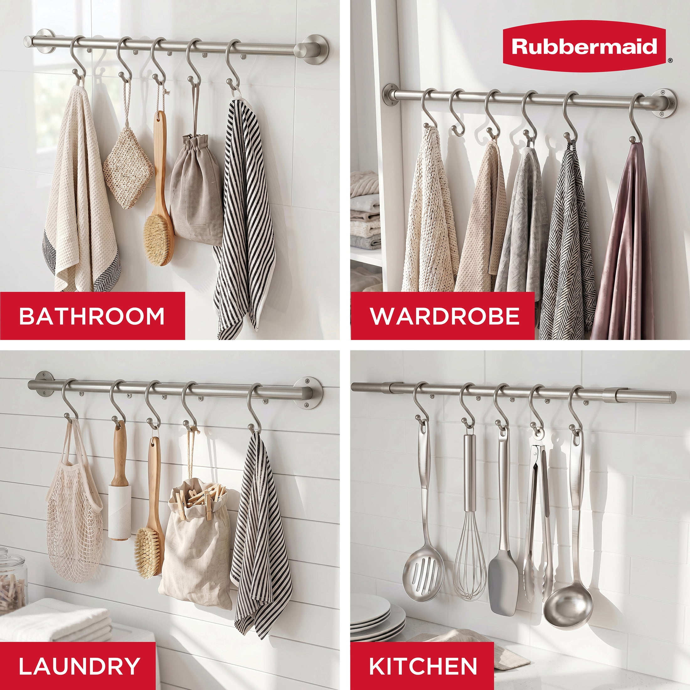 Rubbermaid Rustproof Stainless Steel S-Shaped Shower Hooks, Brushed Nickel, Set of 12