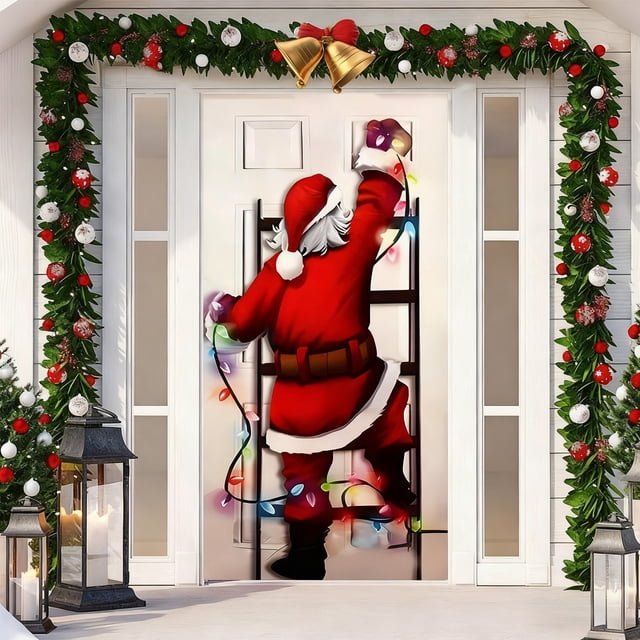 Herunwer Christmas Door Cover Merry Christmas Welcome Door Decoration Santa Claus Snowman Banner Backdrop Cover for Xmas Holiday Party Supplies Decor