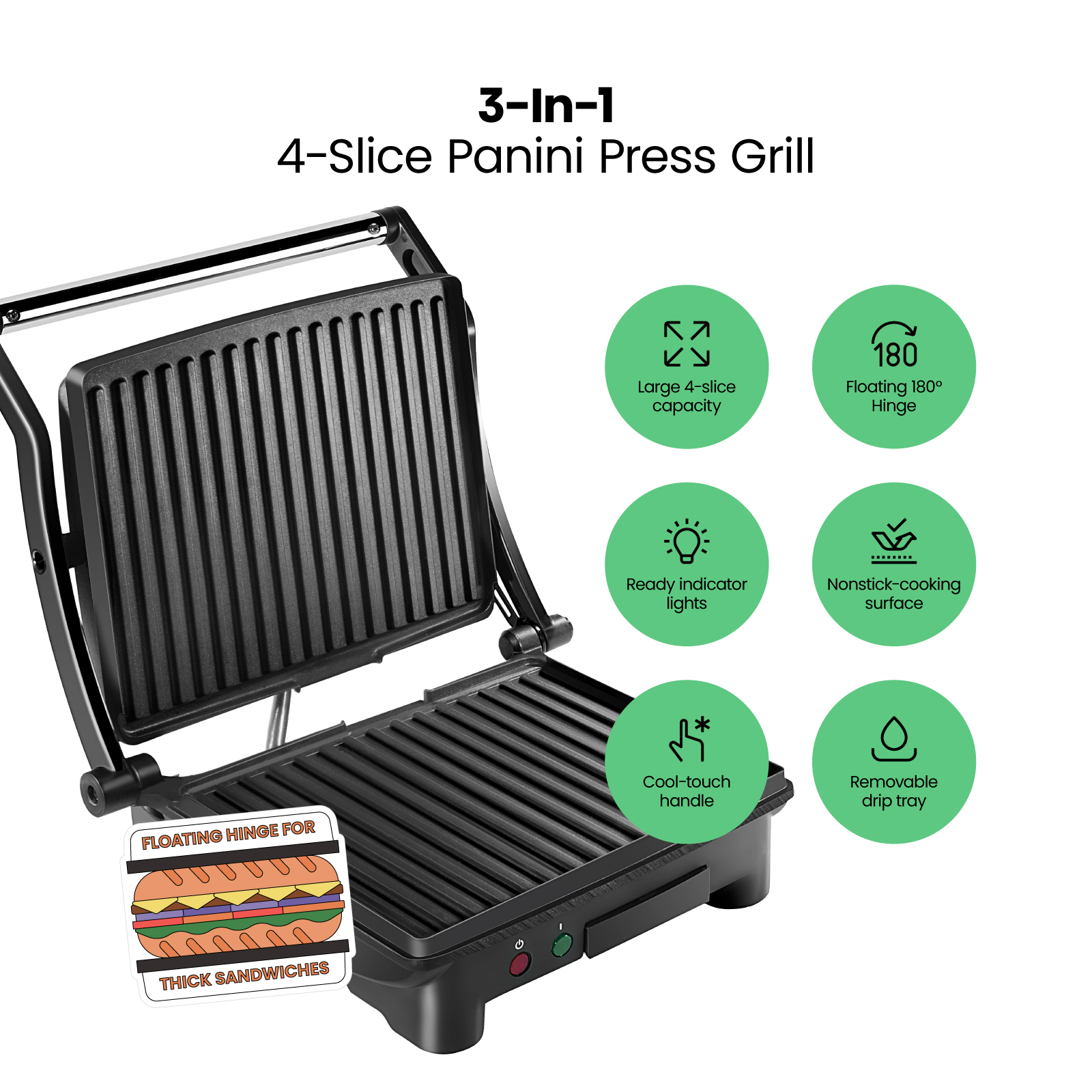 Chefman 3-in-1 Panini Press Grill Opens Flat Stainless Steel photo 2