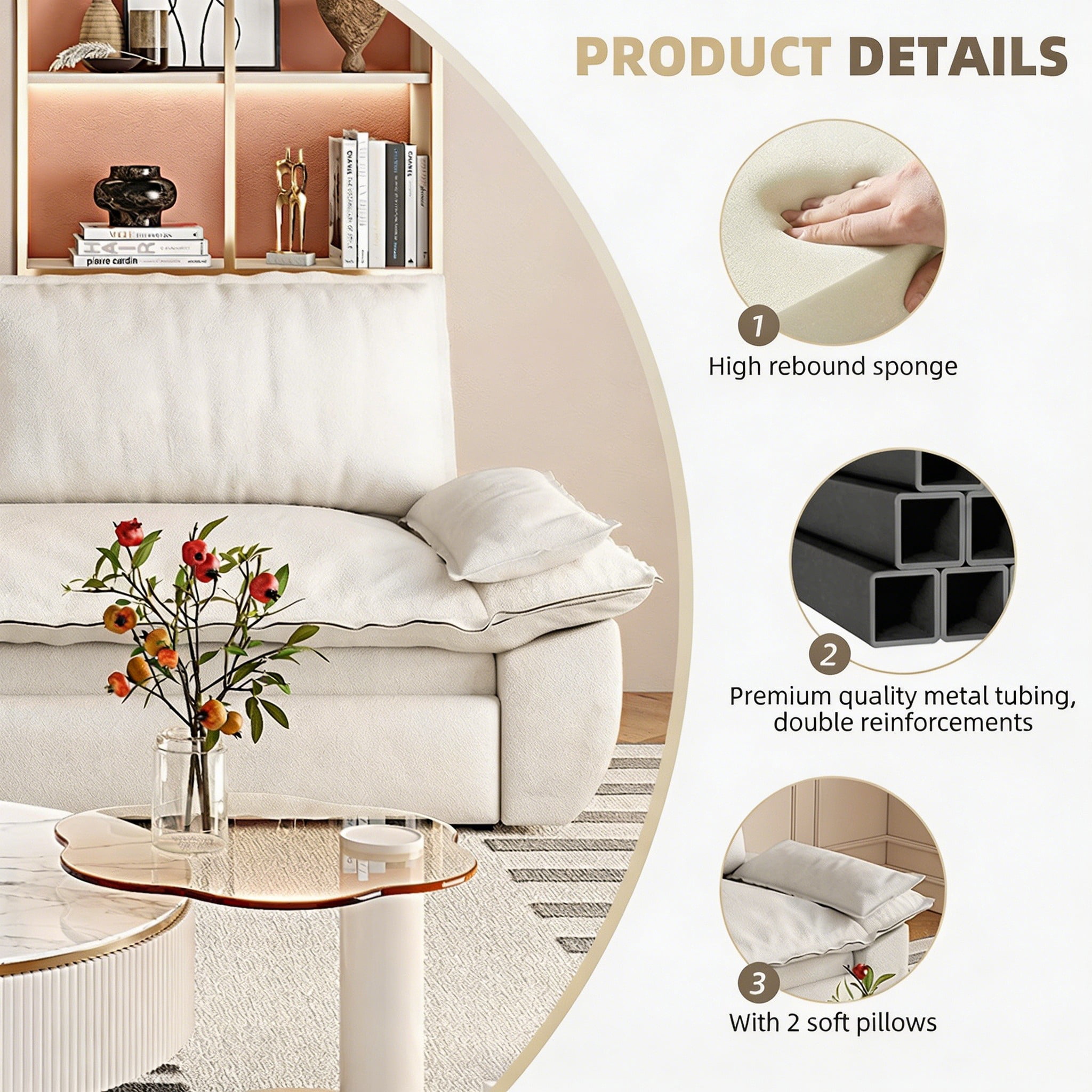 Multi-Functional Velvet 3-in-1 Convertible Sofa Bed, Queen Size Sleeper Loveseat with 2 Pillows, Beige