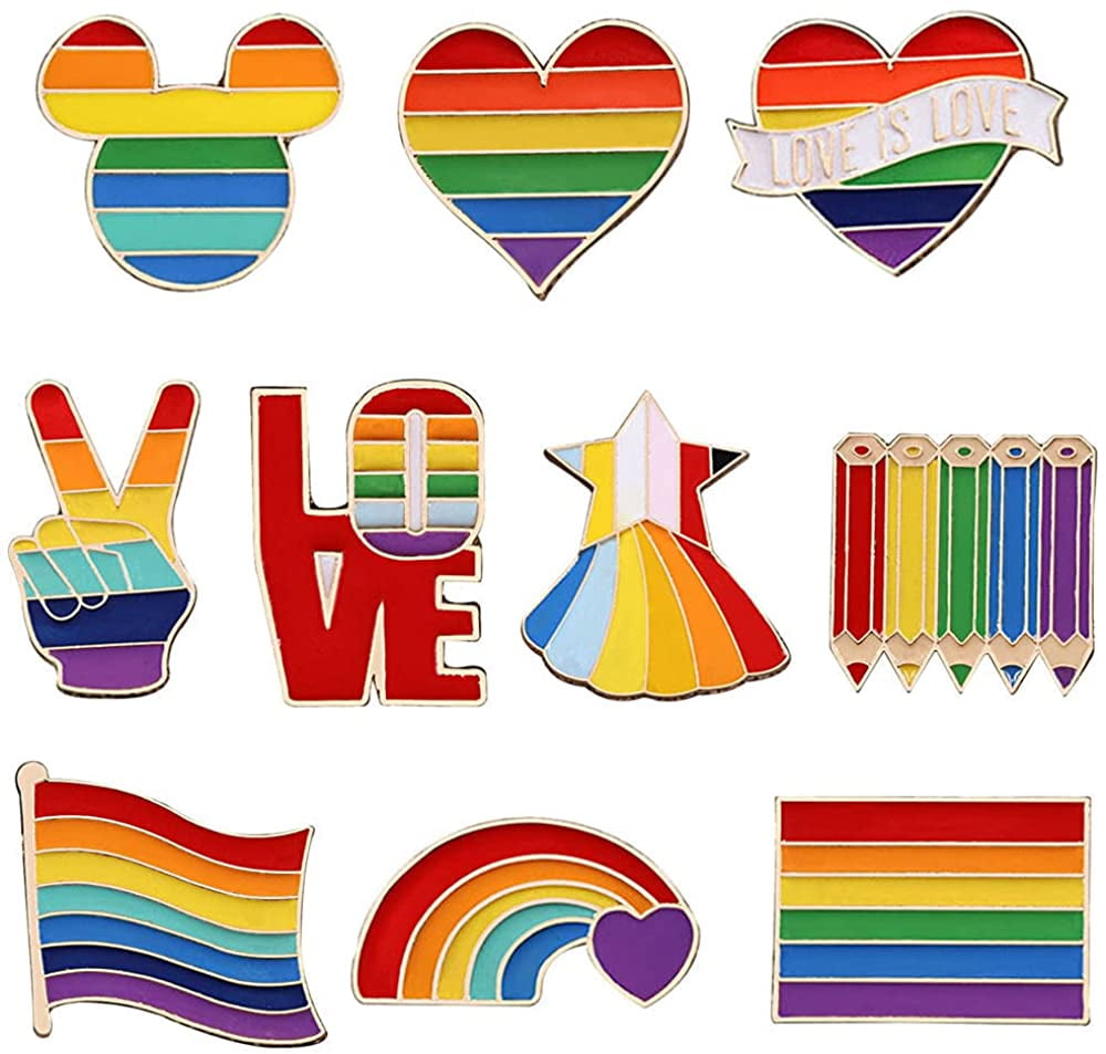10 pack of 1" LGBT pride rainbow heart shaped hard enamel pins 