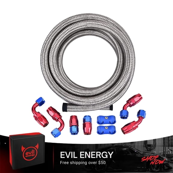 EVIL ENERGY 12AN Fuel Line Kit 10FT, CPE Nylon Stainless Steel Braided Fuel Hose with 6 Red Blue Swivel Fitting Adapters for Gas Oil Transmission