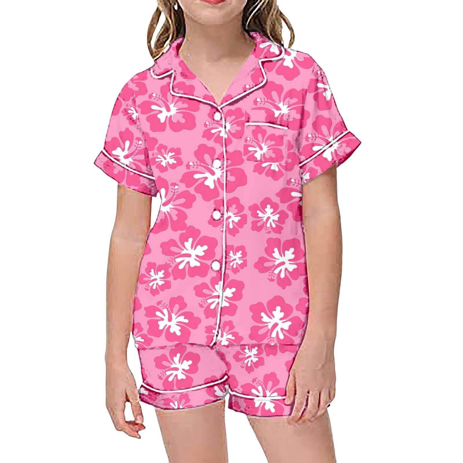 Girls Pajama Set Print Short Sleeves Girls Button Down Pajamas Set