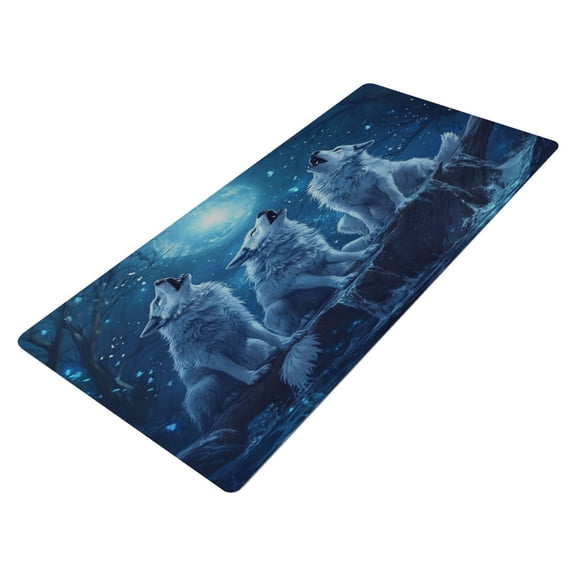 Leather Keyboard and Mouse Desk Mat Office Desk Accessories Protective Office Desk Decor Desk Pad Mat for Gaming, Work from Home, Office Three Blue Wolves 16.5" x 35.4"