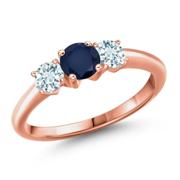 Gem Stone King 18K Rose Gold Plated Silver Blue Sapphire and Sky Blue Aquamarine Engagement Ring for Women | 1.10 Cttw | Round 5MM | Gemstone September Birthstone | Size 5