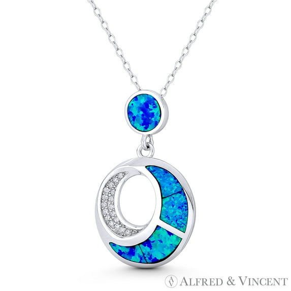 Double Crescent Moon Charm Created Opal & CZ Crystal 29x18mm (1.1x0.7in) Celestial Pendant & Chain Necklace in .925 Sterling Silver w/ Rhodium