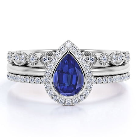 JeenMata 1.5 Carat Pear Shaped Antique Cornflower Lab Created Blue Sapphire Wedding Trio Ring Set in 18k White Gold Over Silver