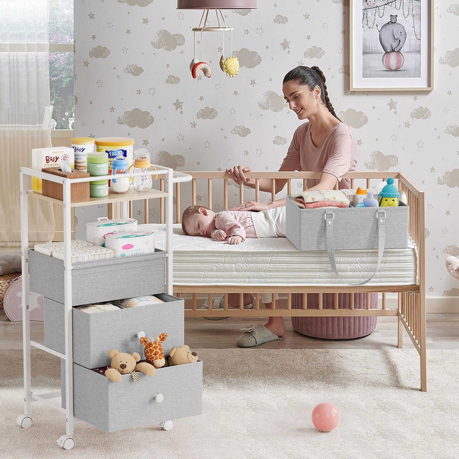 Baby Diaper Caddy Organizer Cart with Drawers - 3In1 Rolling Storage Cart with Wheels, Removable Diaper Caddy, Detachable Dividers - for Crib, Bedroom, Art & Craft Organizer (Light Gray)