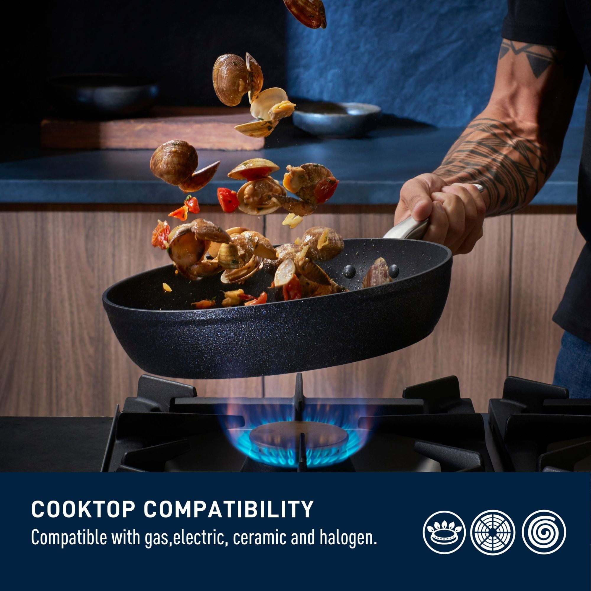 T-fal Stone Shield 10-piece Cookware set with DefenseShield™ Technology, 6-multilayer construction, robust stone texture, dishwasher and oven-safe