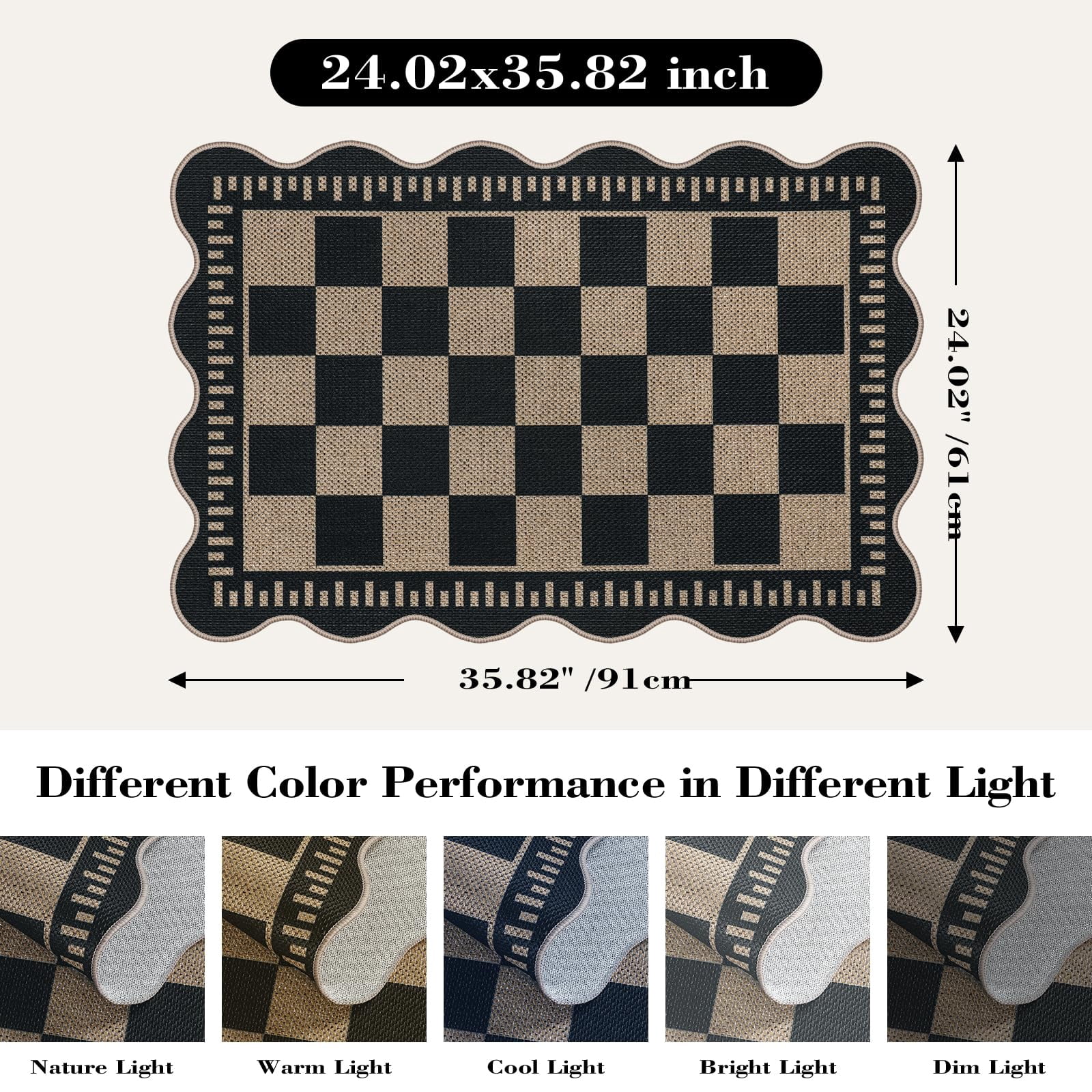 Checkered Easy Jute Entryway Rug  2x3 Washable Non Slip Kitchen Indoor Outdoor Door Mat Farmhouse Low Pile Floor Black Rugs For Porch Doorway