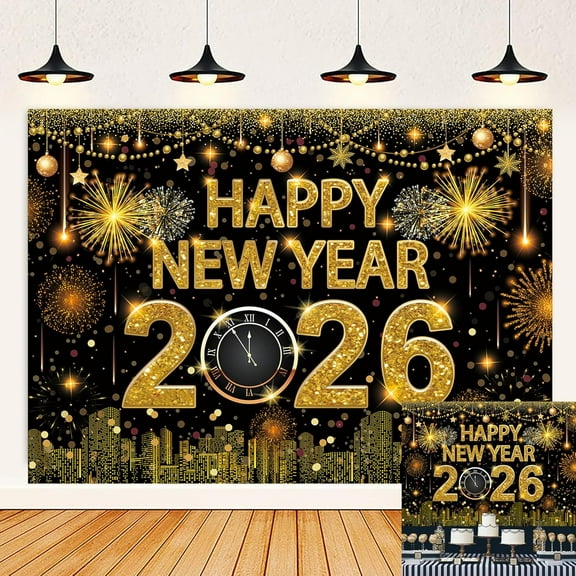 Happy New Year Backdrop 2026 New Year Eve Photography Background Glitter Black Gold Celebration Festive Party Decorations Banner Supplies Photo Booth Props