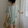 thumbnail image 3 of Defitshape Women's Cute Pajama Set Frilly Summer Pjs Short Sleeve Crop Top Shorts Set Soft Button Up Spring Comfy Ruffle 2 Piece Lounge Set Green X-Small, 3 of 4
