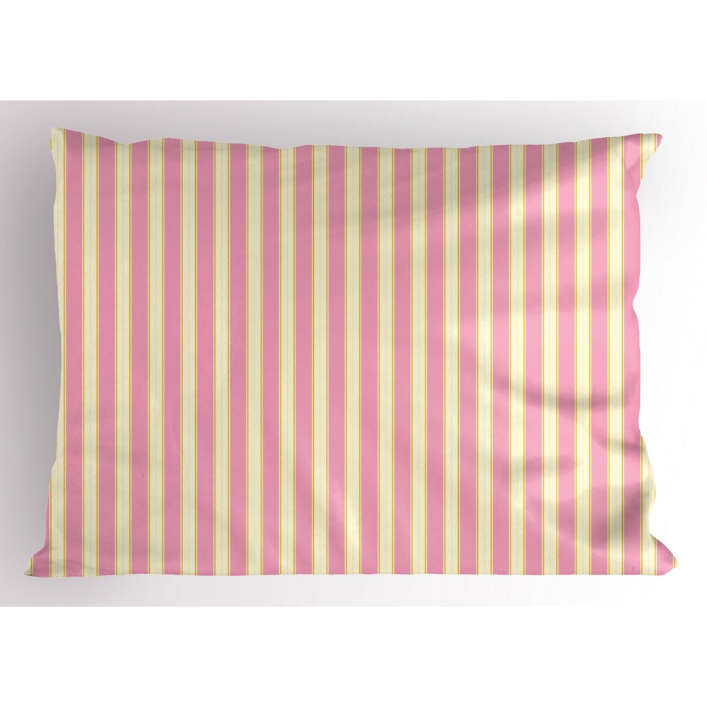 Pink and Yellow Pillow Sham Vertically Striped Pattern in Retro Style and Pastel Colors