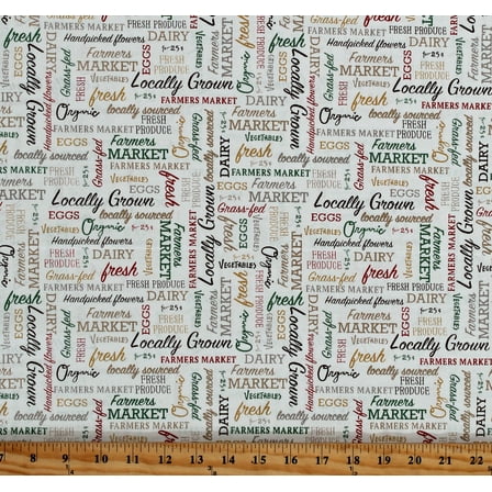 Cotton Farmers Market Words Word Cloud Vegetables Produce Organic Farming White Cotton Fabric Print by the Yard (52767-1)
