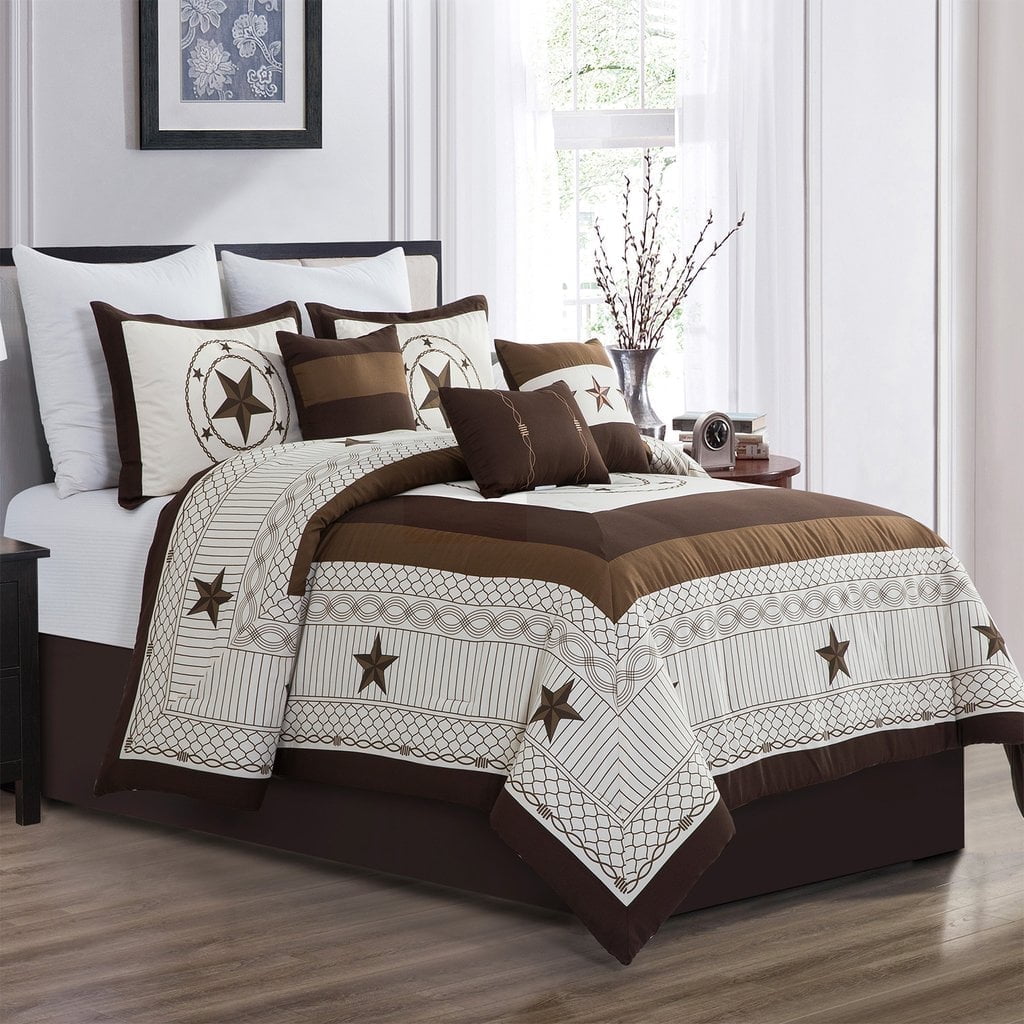 HIG 7 Pieces Beige Geometric Printed Comforter Set Color Block Patchwork Bed in A Bag, King