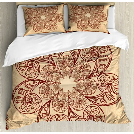Brown Mandala Duvet Cover Set King Size, Psychedelic Zentangle Design with Doodle Circles and Waves, Decorative 3 Piece Bedding Set with 2 Pillow Shams, Chestnut Brown and Beige, by Ambesonne