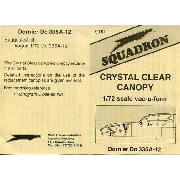 Dornier Do 335 A-12 Vacuform Canopy for DML / Dragon (1/72 model kit accessory)