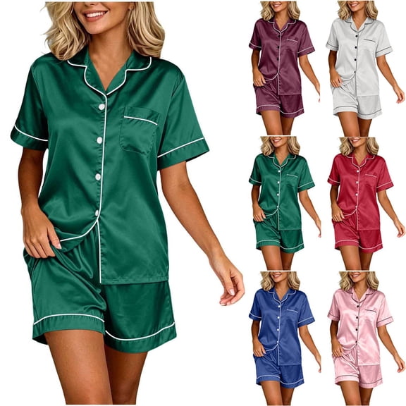 FAIWAD Satin Pajamas for Women Short Sleeve Sleepwear Pjs Sets 2 Piece Button Down Loungewear Matching Shorts