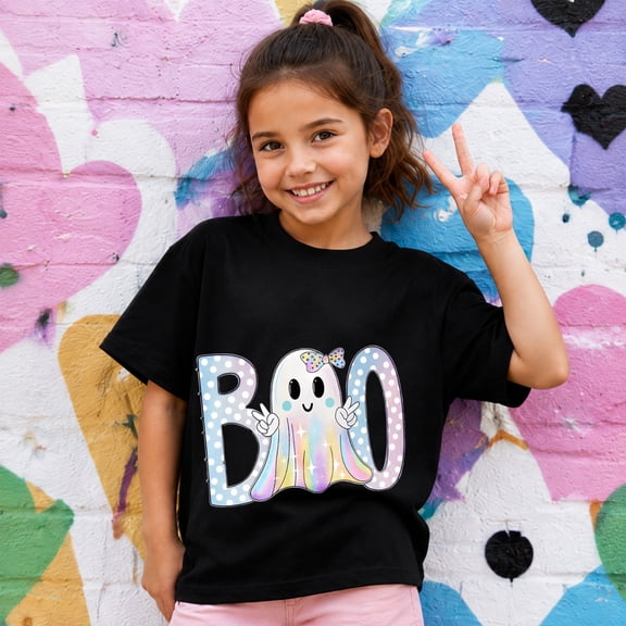 Halloween Shirts for Kids, Cute Ghost Graphic Short Sleeve Casual T-Shirt for Halloween Party
