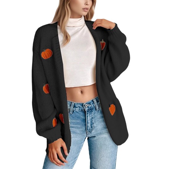 Aocisk Solid Color Pumpkin Embroidery 3D Knit Cardigan Long Sleeve Open Front Sweater Outwear Cozy Fall Fashion Top Black S