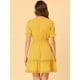 thumbnail image 5 of Mini vestido sólido de manga corta con cuello en V y cintura elástica para mujer Amarillo L, 5 of 6