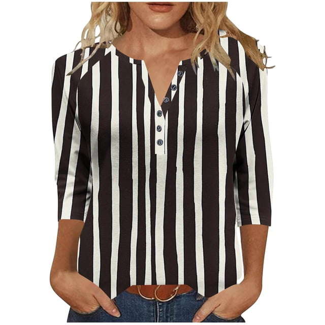 Tejiojio 3/4 Length Seelve Shirts for Women Casual Printed Crewneck Blouse Loose Fit Summer Top