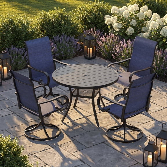 Vicllax 5Piece Outdoor Patio Dining Set, 41 Inch Round Table with Umbrella Hole and All-Weather Patio Swivel Chairs set of 4, Black Table and Blue Chairs