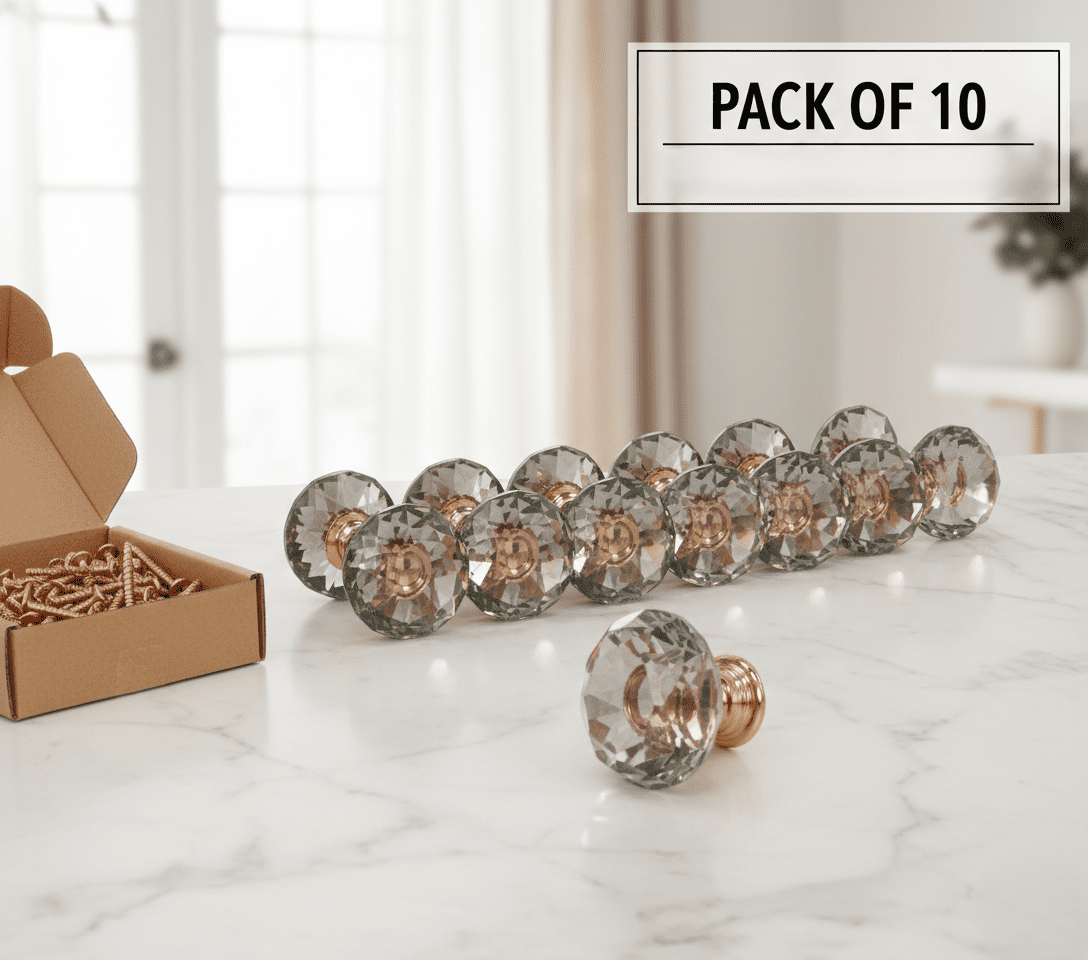 Boahaus Rose Gold Crystal Cabinet Knobs, 1 Inch - Set of 10 Stylish Drawer Pulls for Cabinets, Dressers, Vanities