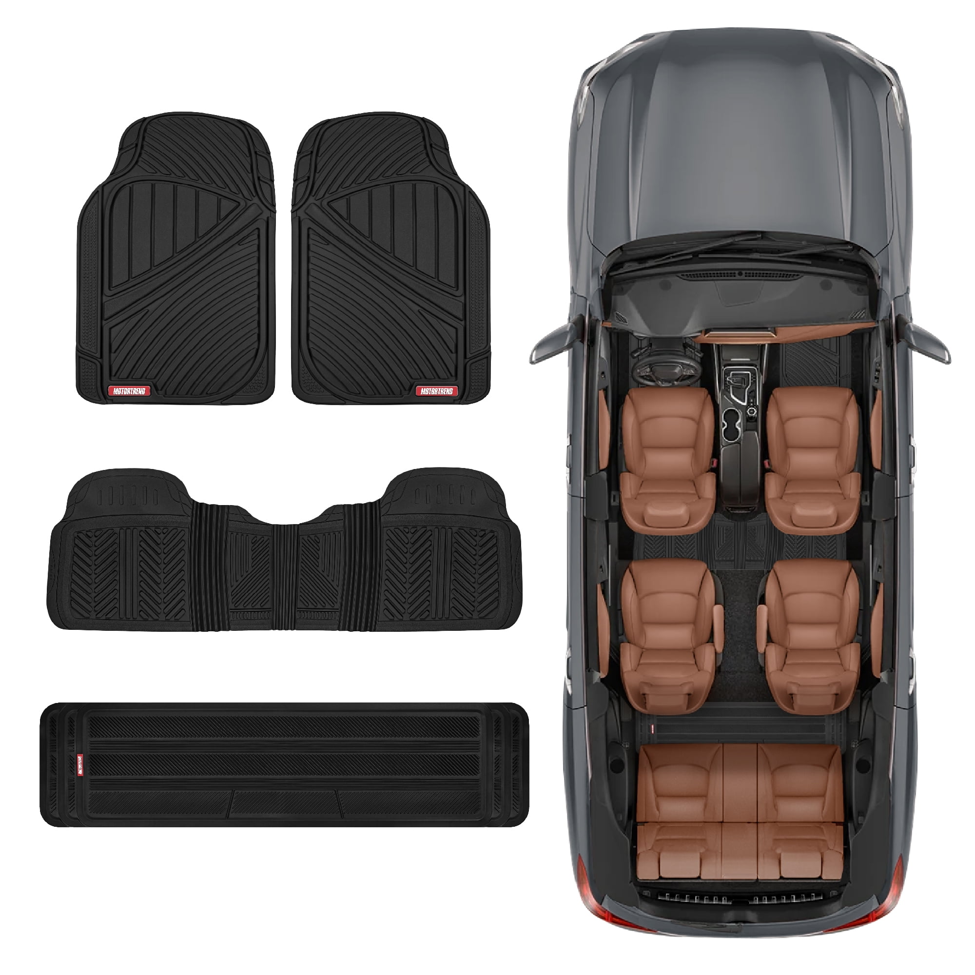 Motor Trend 3-Row Heavy Duty Rubber Floor Mats & Liners for Car SUV Van, Front 2nd & 3rd Row Durable Polymerized Latex Full Interior Protection, Extra-High Ridgeline Design, Black