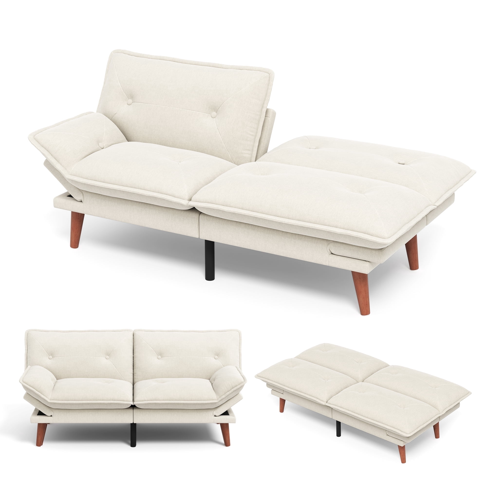 LINSY HOME Futon Sofa Bed , Loveseat Sofa Bed with Adjustable Armrests for Apartment, Small Living Place, Beige