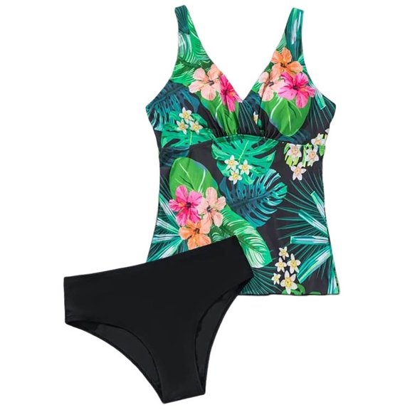 Yoodem Women Two-piece Swimsuit Tankini Swimsuits for Women's Split Body Swimsuit Nylon Leaf Print Wide Shoulder Strap Swimsuit Bathing Suit for Women Green L