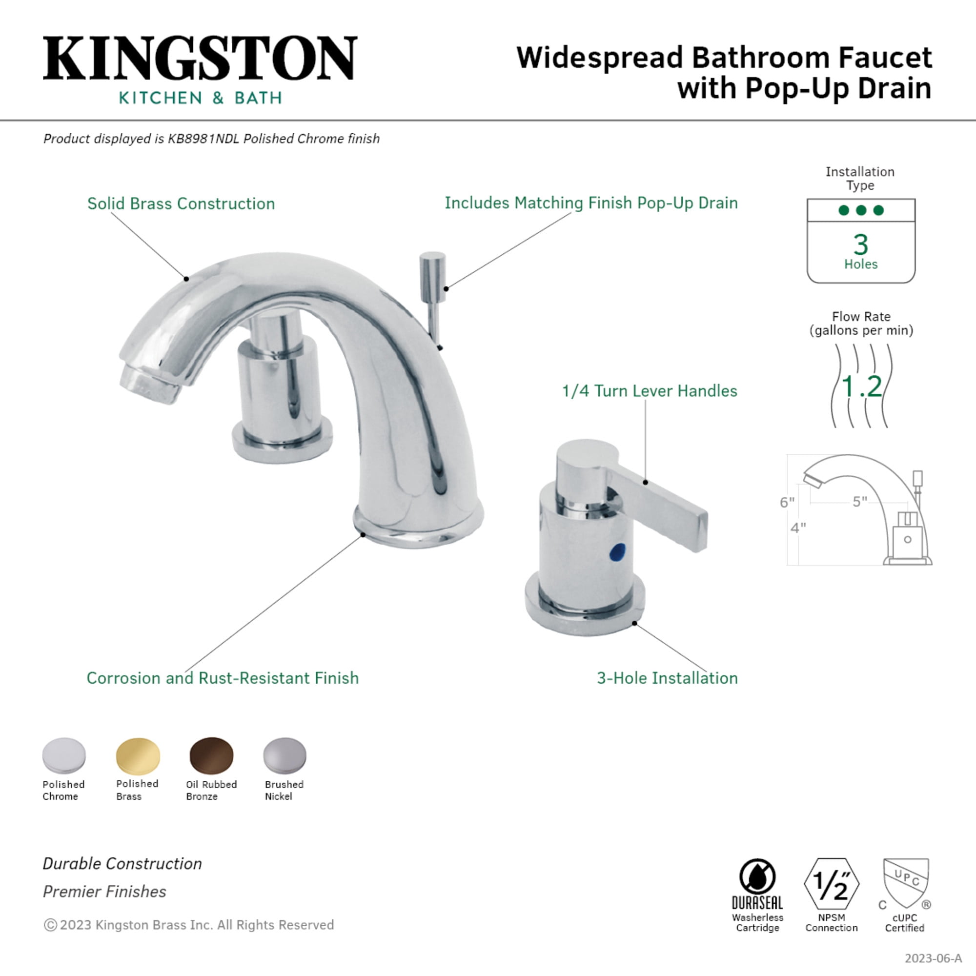 Kingston Brass KB8981NDL NuvoFusion Two-Handle 3-Hole Deck Mount Widespread Bathroom Faucet with Pop-Up Drain in Polished Chrome