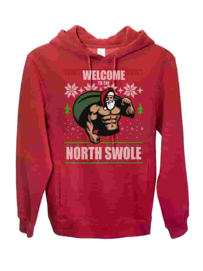 Funny Santa Gym 'North Swole' Ugly Christmas Sweatshirt | Unisex Crewneck Holiday Party Sweater